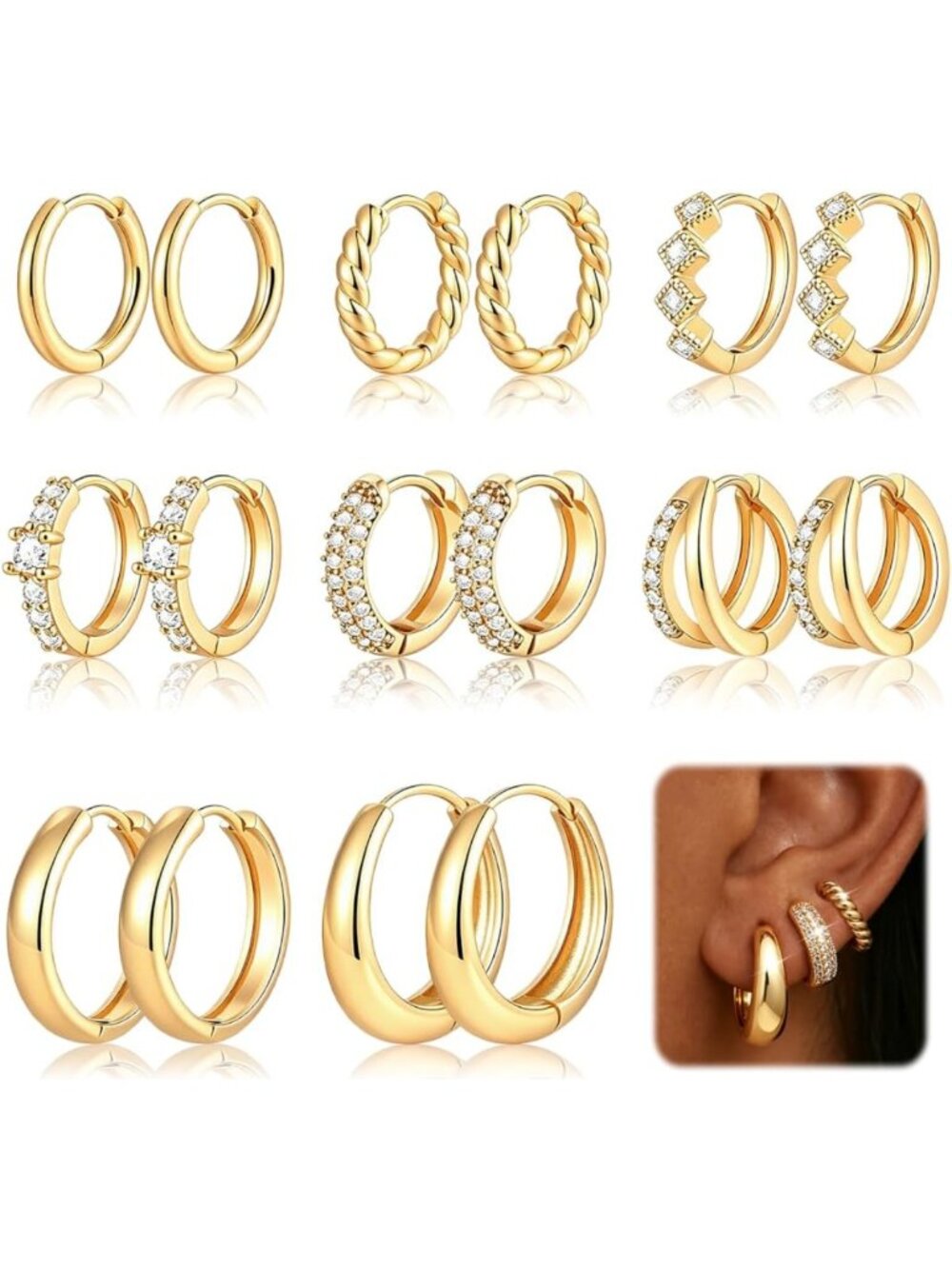 8 Pairs Gold Hoop Earrings Set for Women - 14K Plated, Stackable Jewelry Gifts